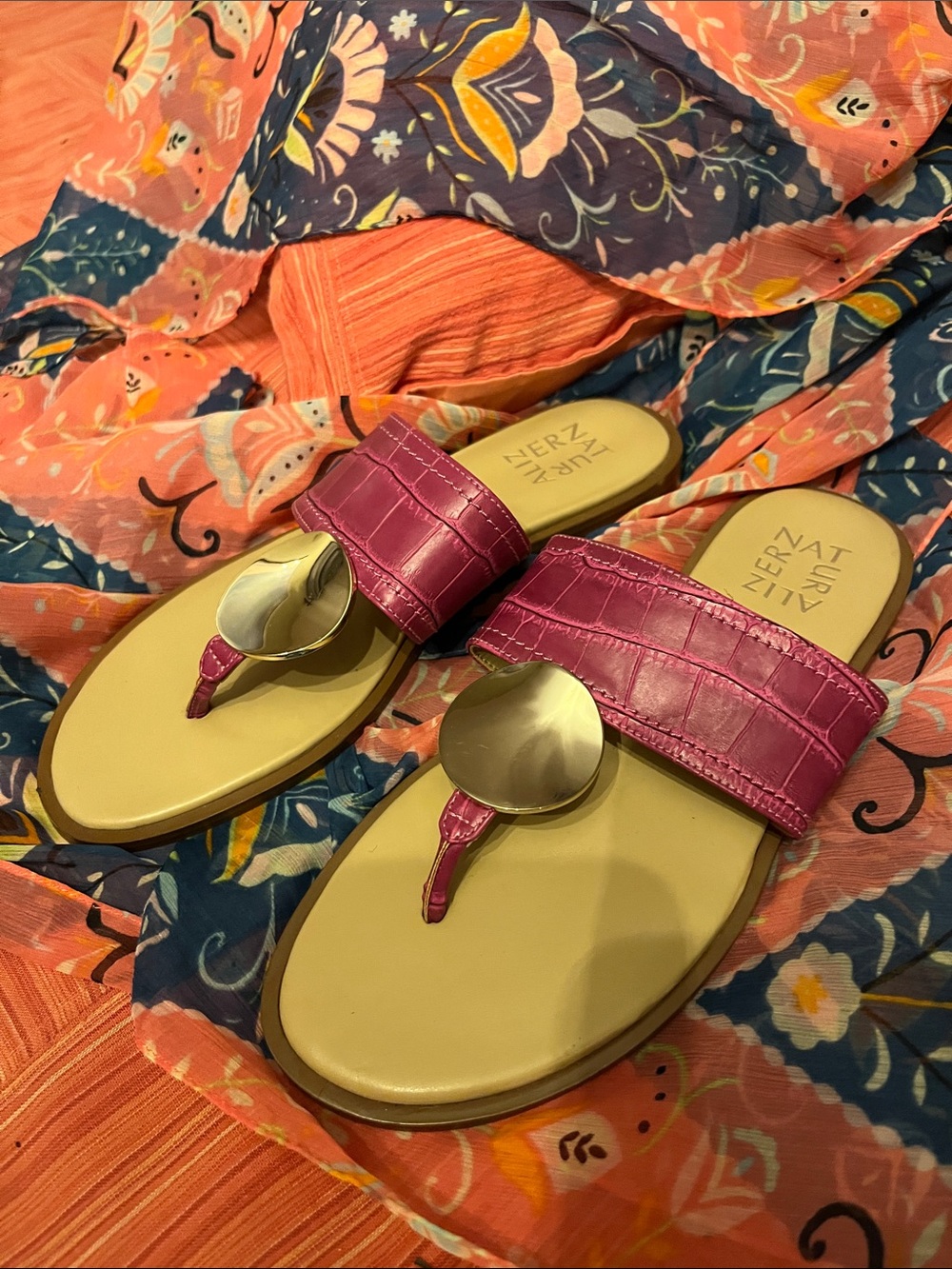 Naturalizer Fuchsia Croc-Textured Slide Sandals with Silver Accent - Picture 2 of 4